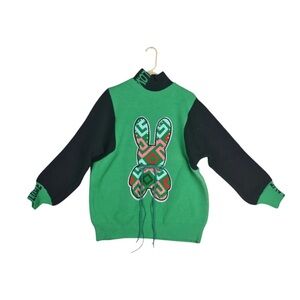 Women Sweater Chunky Fisherman Green Colorblock Rabbit OS NWT Tassel